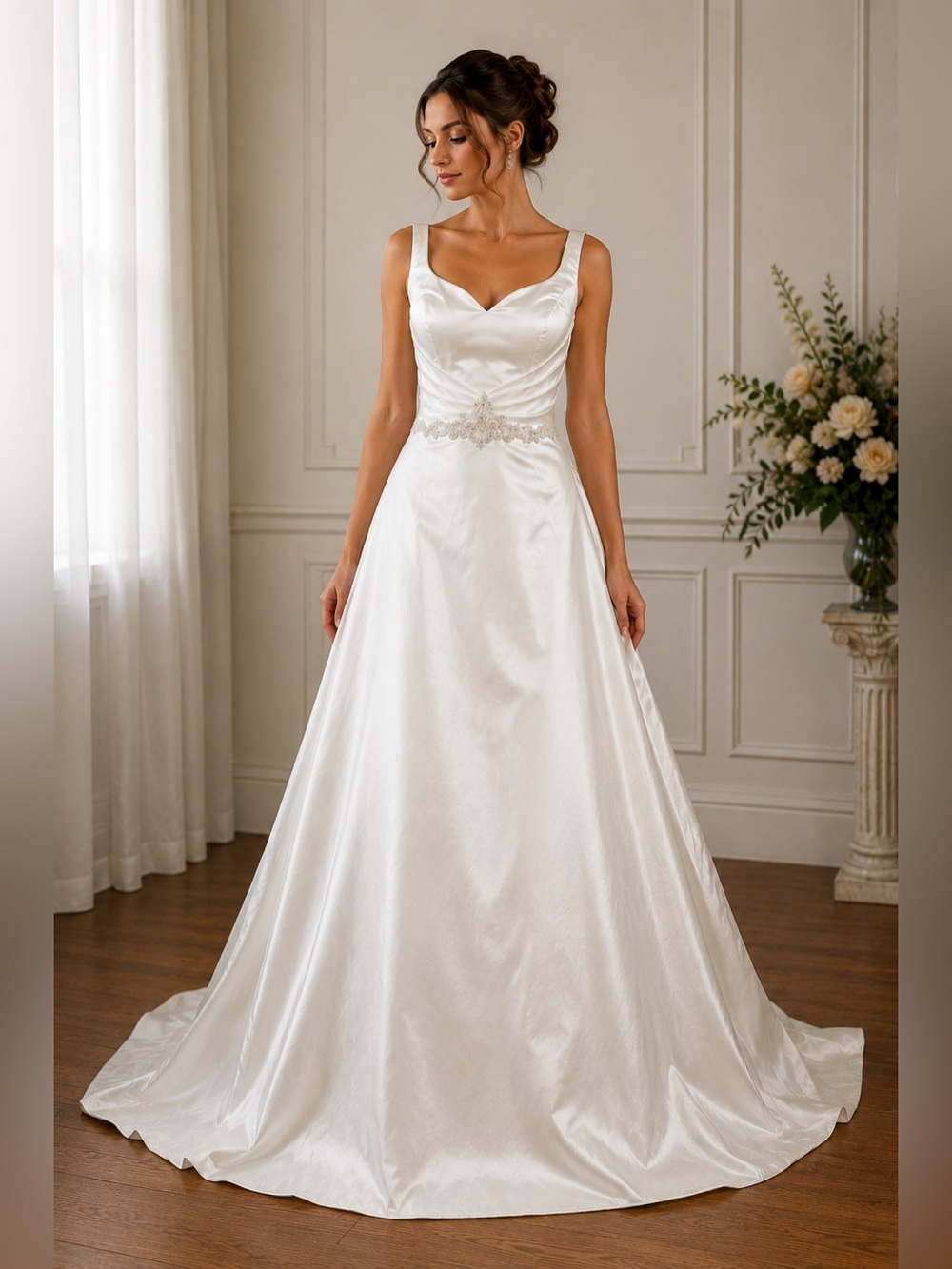 Vintage Alfred Sung Ivory Satin Wedding Gown Size 8 Lace Up Back Train